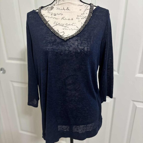 Women's Navy Blue Cold Shoulder QTR-Sleeve Knit Top with Gems around the V-Neck - Picture 1 of 7